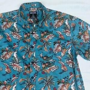 Massive shirt button down bird parrot cockatoo print blue tropical men’s large